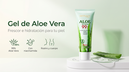 Gel de aloe vera AloeGlow 99 sobre peana blanca